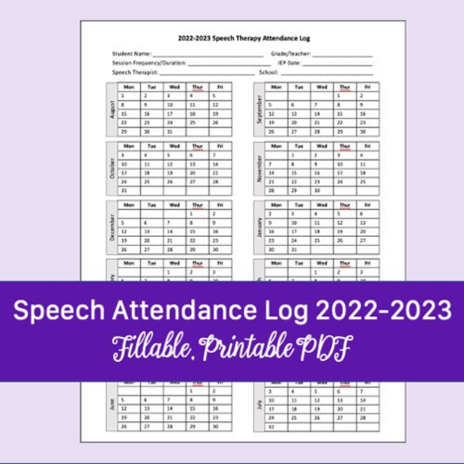Speech Therapy Attendance Log 20222023 School Year Etsy