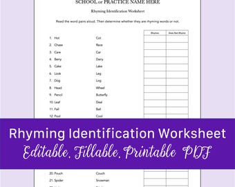 Rhyming Identification Worksheet for Speech Therapy | Fillable, Printable PDF