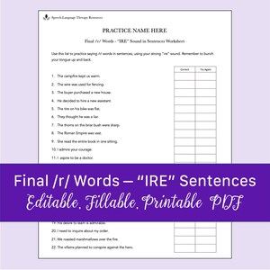 Final /r/ Words - &quot;IRE&quot; Sound in Sentences Worksheet for Speech Therapy | Printable, Fillable PDF