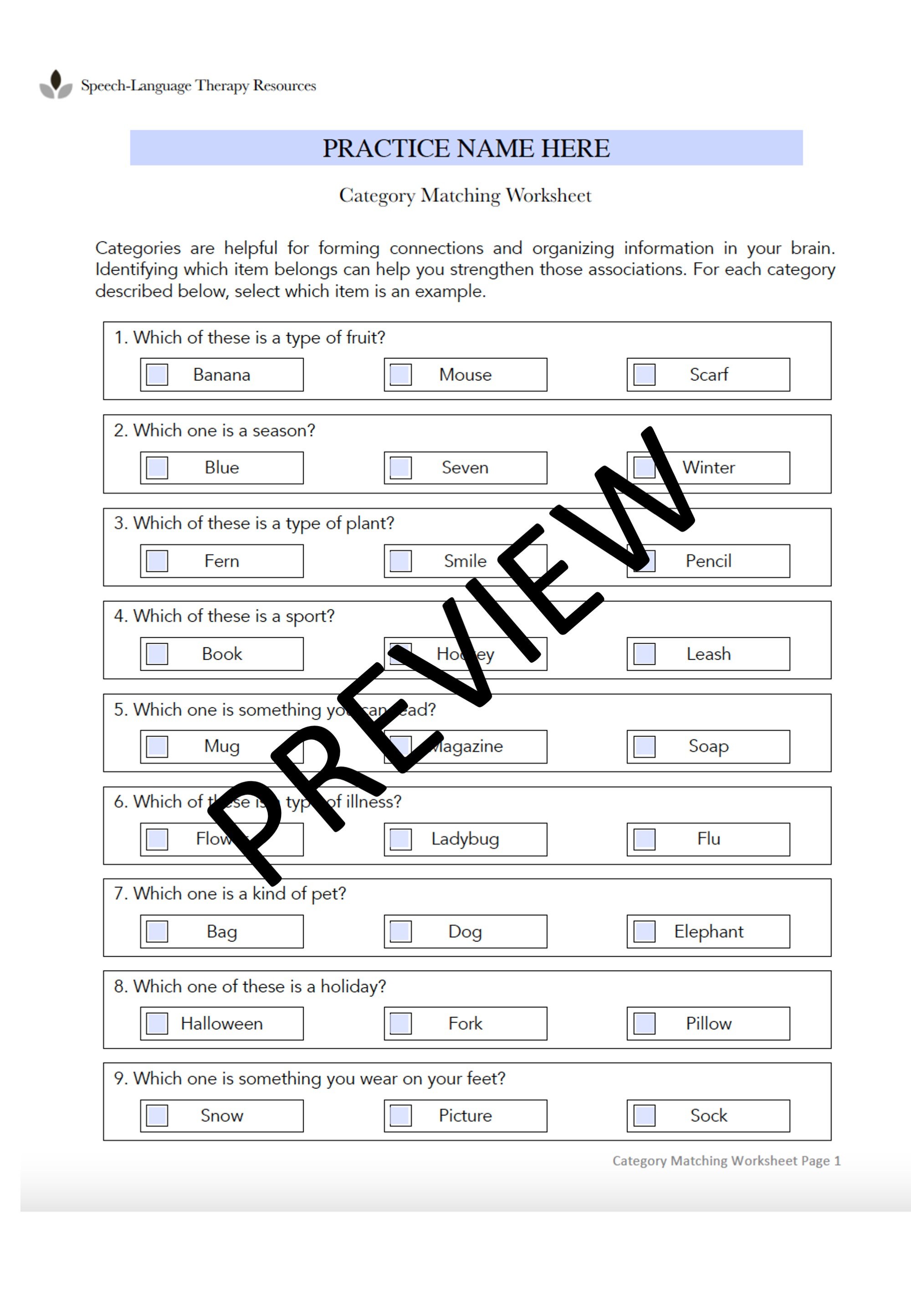 Category Matching Worksheet for Speech Therapy Fillable, Printable PDF ...