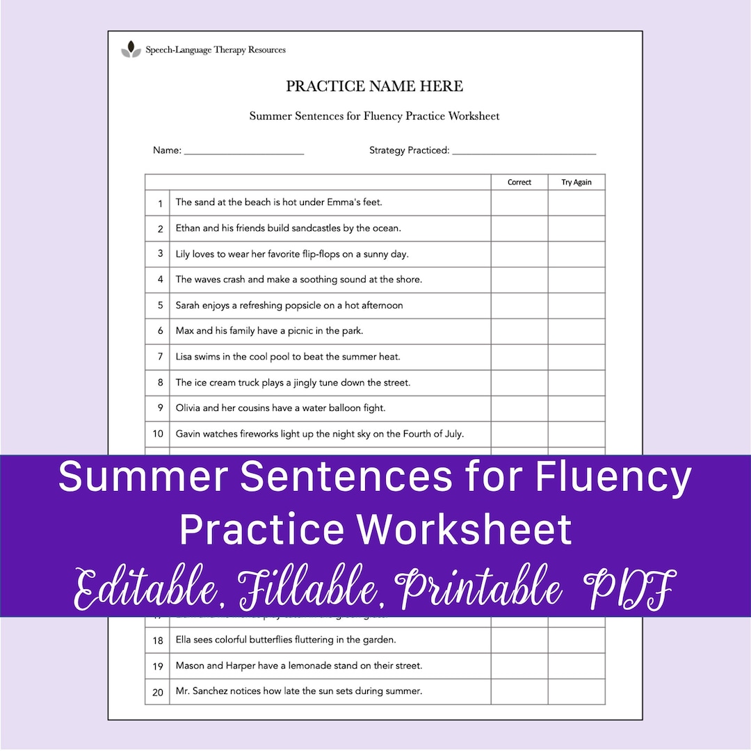 Summer Sentences for Fluency Practice Worksheet | Editable, Fillable ...