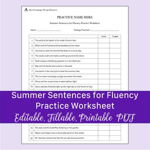 Summer Sentences for Fluency Practice Worksheet | Editable, Fillable ...