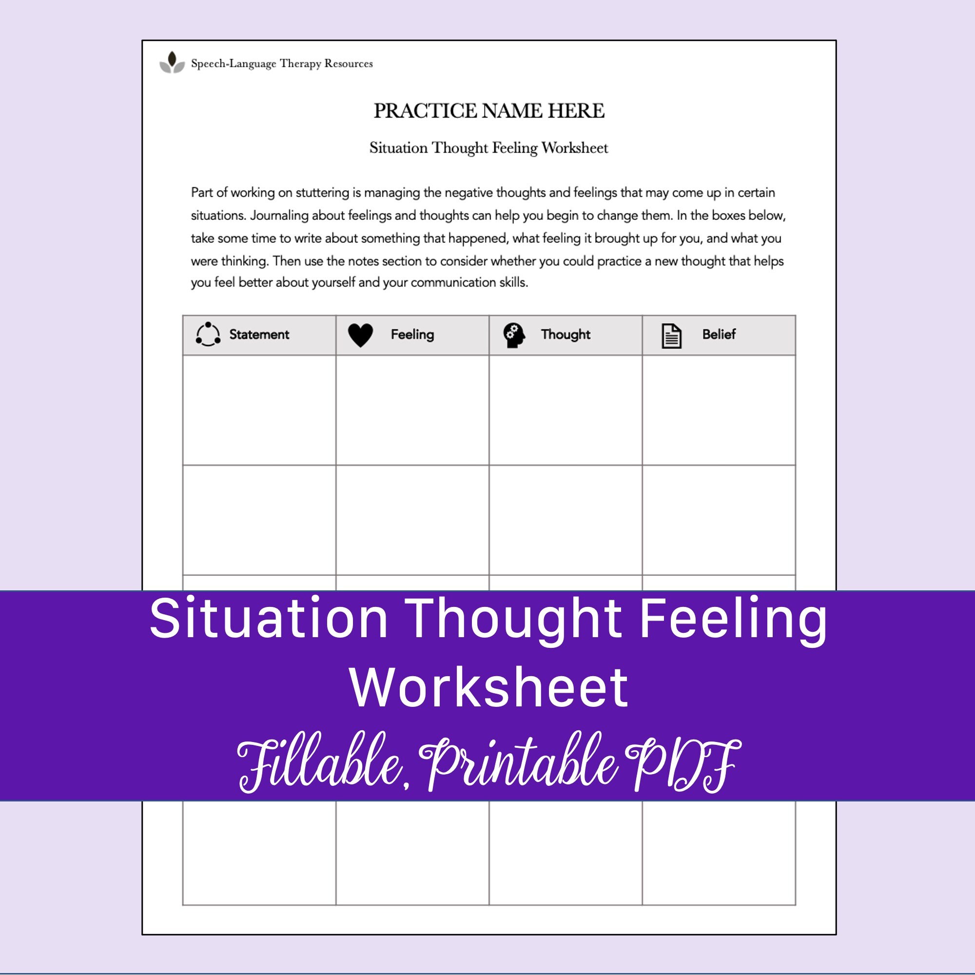 Situation Thought Feeling Worksheet for Stuttering Speech Therapy ...