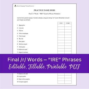 Final /r/ Words - &quot;IRE&quot; Sound in Phrases Worksheet for Speech Therapy | Printable, Fillable PDF