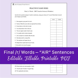 Final /r/ Words - &quot;AIR&quot; Sound in Sentences Worksheet for Speech Therapy | Printable, Fillable PDF