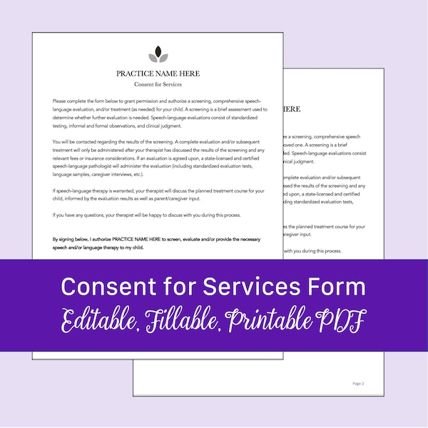 Consent for Services Form for Speech Therapy | Editable, Fillable, Printable PDF