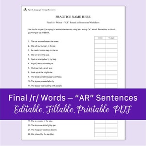 Final /r/ Words - &quot;AR&quot; Sound in Sentences Worksheet for Speech Therapy | Printable, Fillable PDF