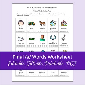 Final /s/ Words Worksheet for Speech Therapy | Fillable PDF with Editable Header
