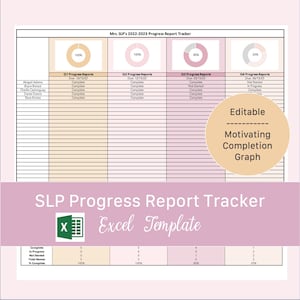 May include: A pink and orange progress report tracker spreadsheet template for SLPs. The template includes a section for student names, progress reports, and a completion graph. The text "Editable Motivating Completion Graph" is included in the template. The text "SLP Progress Report Tracker Excel Template" is included at the bottom of the template.