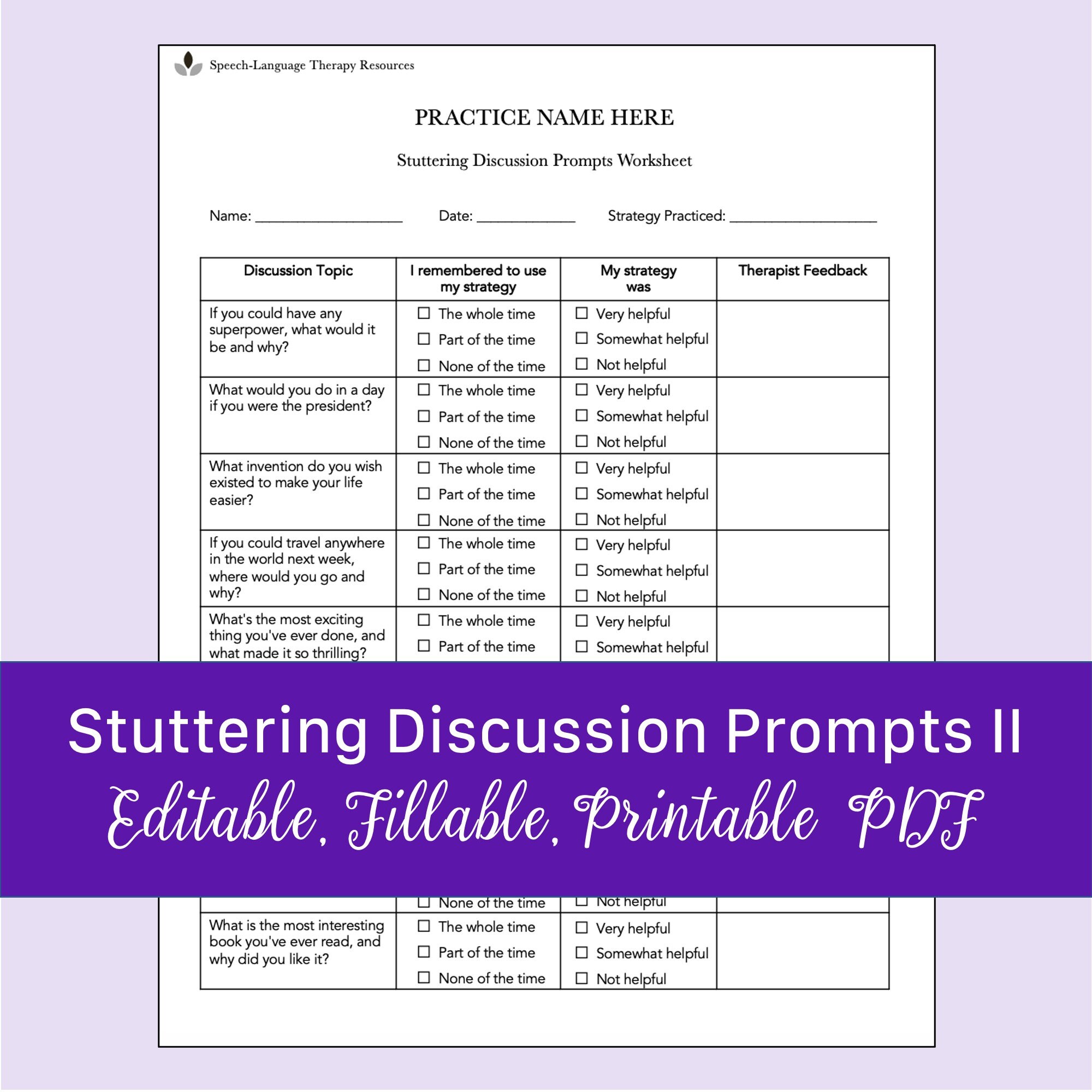 Stuttering Discussion Prompts II Worksheet for Speech Therapy ...
