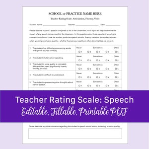 Teacher Rating Scale: Speech for Speech Therapy | Fillable, Printable PDF