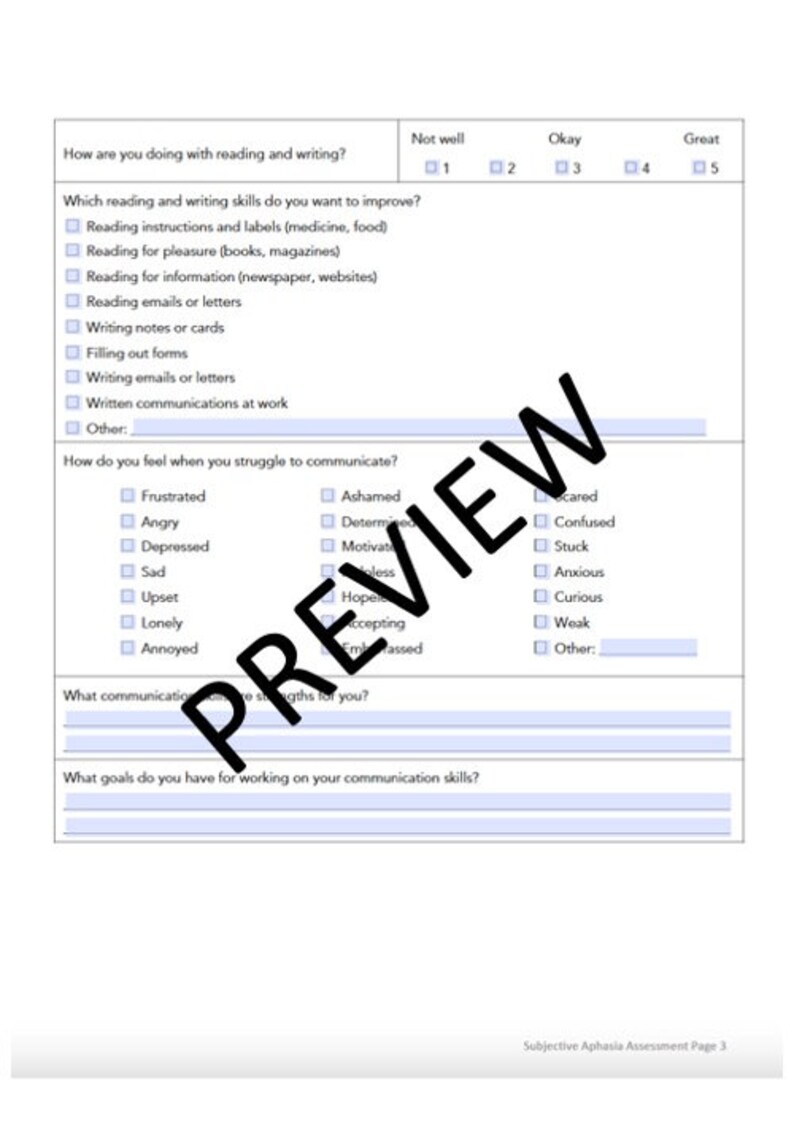 Subjective Aphasia Assessment for Speech Therapy | Editable, Fillable ...