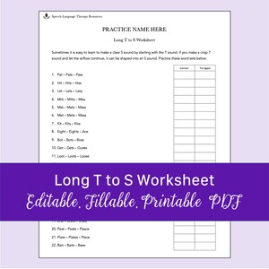 Long T to S Articulation Worksheet | Editable, Fillable, Printable PDF