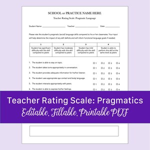 May include: A printable teacher rating scale for assessing pragmatic language skills in students. The scale includes six categories, each with a rating scale from 1 to 4, indicating the student's ability to stay on topic, take turns, provide adequate information, use appropriate eye contact and body language, interact with peers, and express feelings.