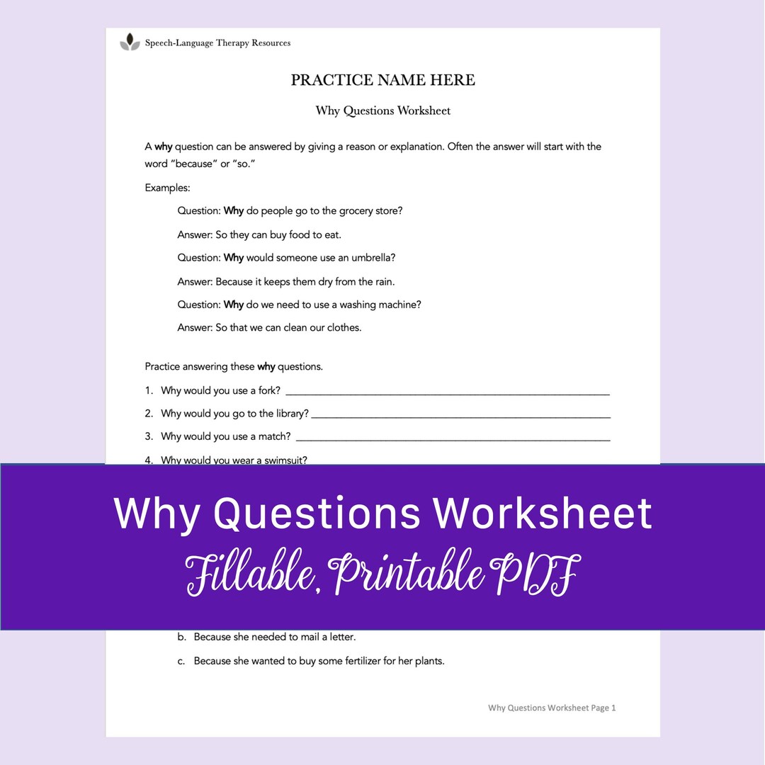 Why Questions Worksheet for Speech Therapy | Fillable, Printable PDF - Etsy
