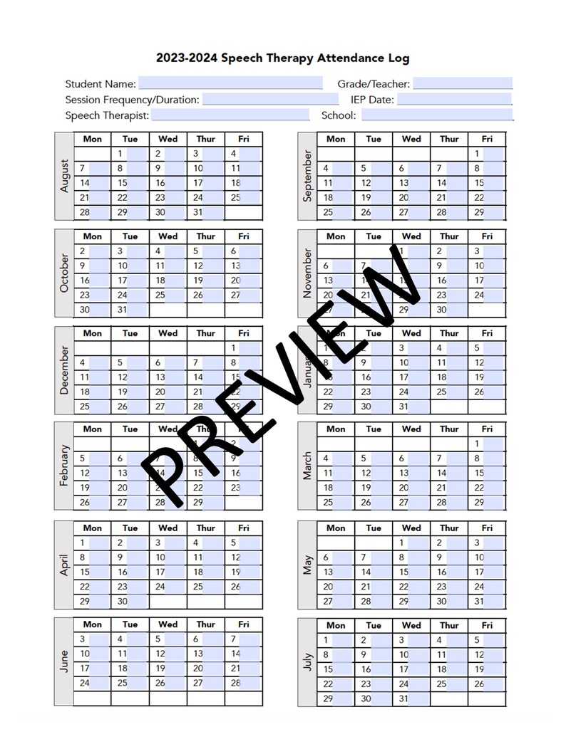 Speech Therapy Attendance Log 20232024 School Year Etsy