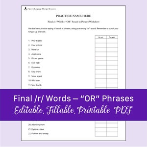 Final /r/ Words - &quot;OR&quot; Sound in Phrases Worksheet for Speech Therapy | Printable, Fillable PDF