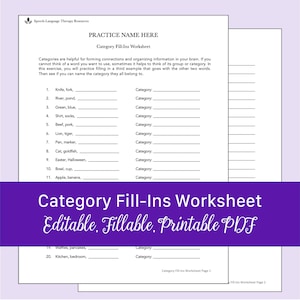 May include: A Category Fill-Ins Worksheet with the text "Editable, Fillable, Printable PDF." The worksheet includes fill-in-the-blank questions to help with forming connections and organizing information. The worksheet is white with purple accents.