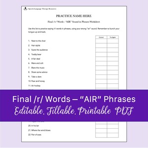 Final /r/ Words - &quot;AIR&quot; Sound in Phrases Worksheet for Speech Therapy | Printable, Fillable PDF