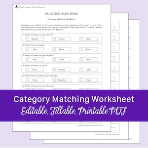 Category Matching Worksheet for Speech Therapy | Fillable, Printable PDF