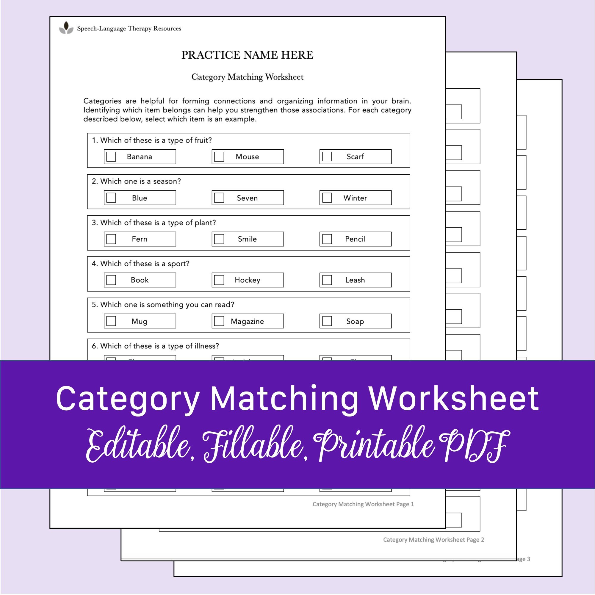 Category Matching Worksheet for Speech Therapy Fillable, Printable PDF ...
