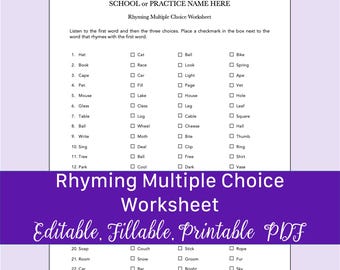 Rhyming Multiple Choice Worksheet for Speech Therapy | Fillable, Printable PDF