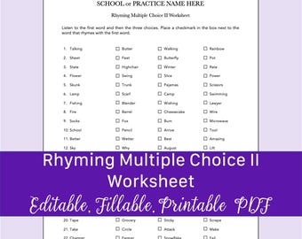 Rhyming Multiple Choice II Worksheet for Speech Therapy | Fillable, Printable PDF