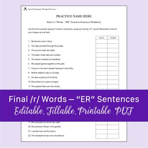 Final /r/ Words - &quot;ER&quot; Sound in Sentences Worksheet for Speech Therapy | Printable, Fillable PDF