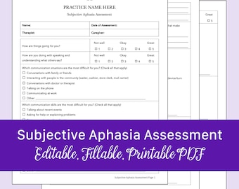 Subjective Aphasia Assessment for Speech Therapy | Editable, Fillable, Printable PDF