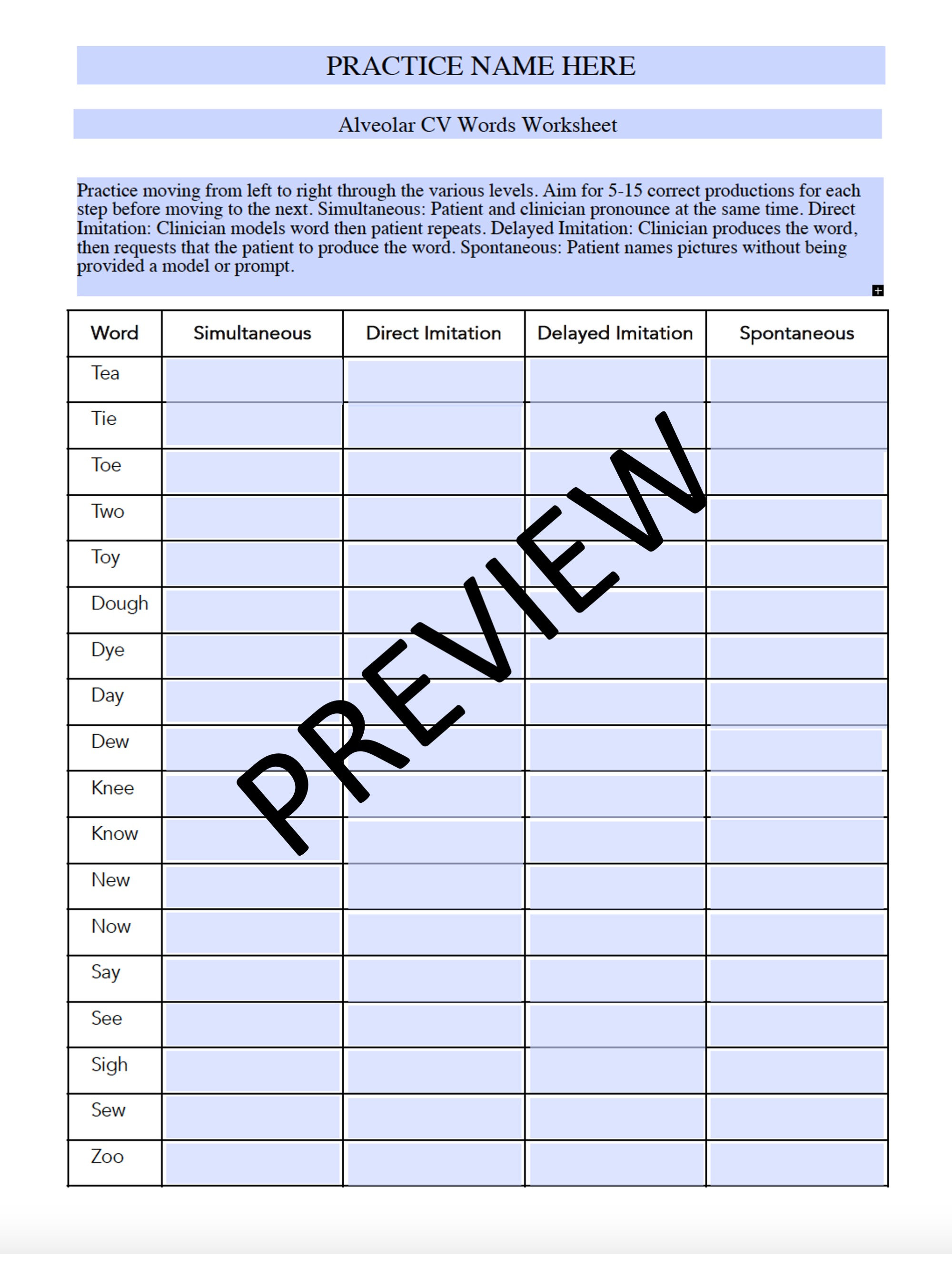 Alveolar CV Words Worksheet for Apraxia | Fillable, Printable PDF - Etsy