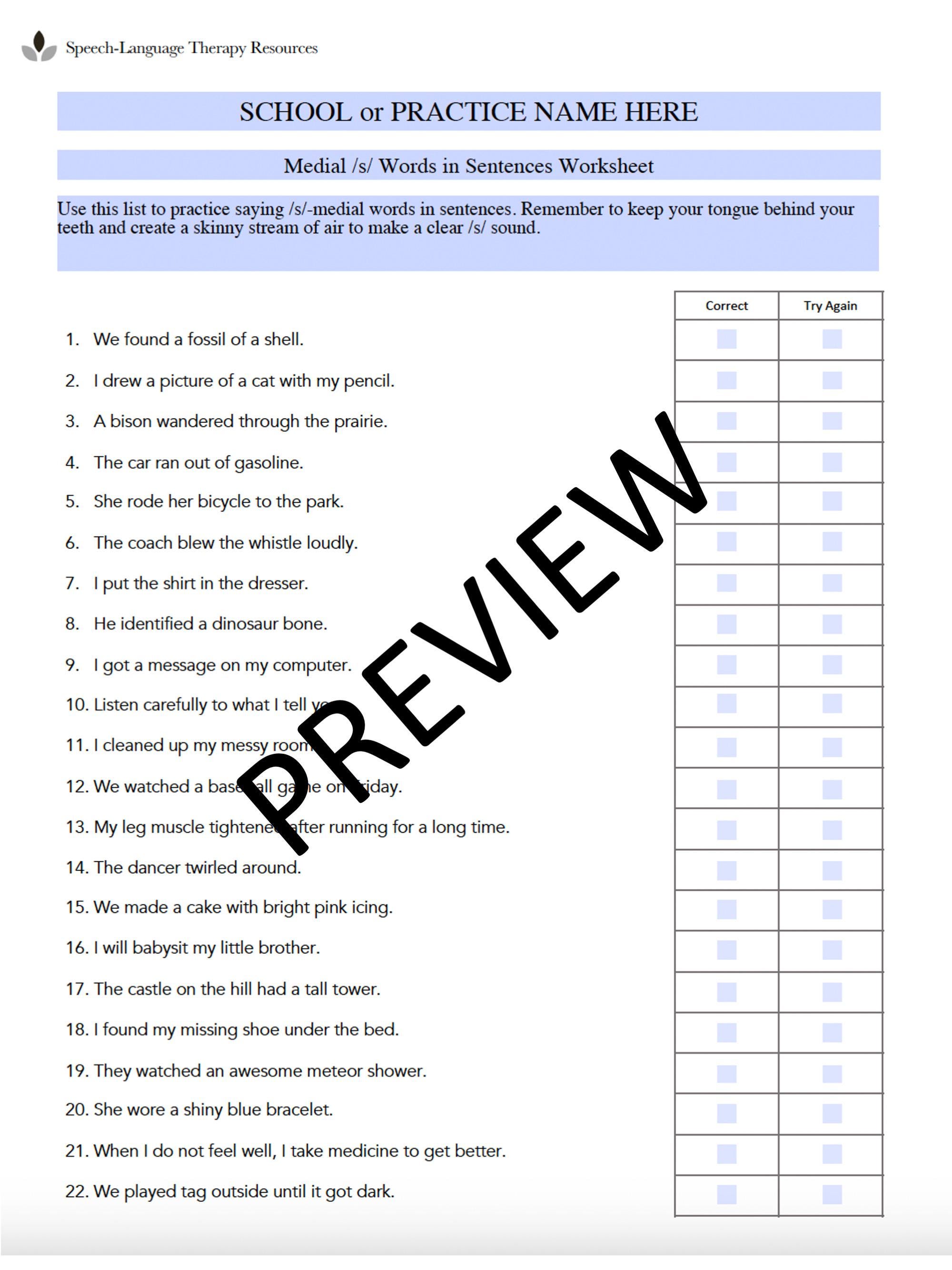 Medial /s/ Words in Sentences Worksheet for Speech Therapy | Printable ...