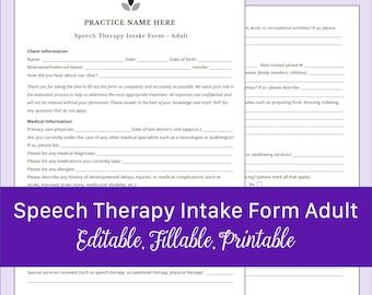 Speech Therapy Intake Form for Adults | Editable, Fillable, Printable PDF