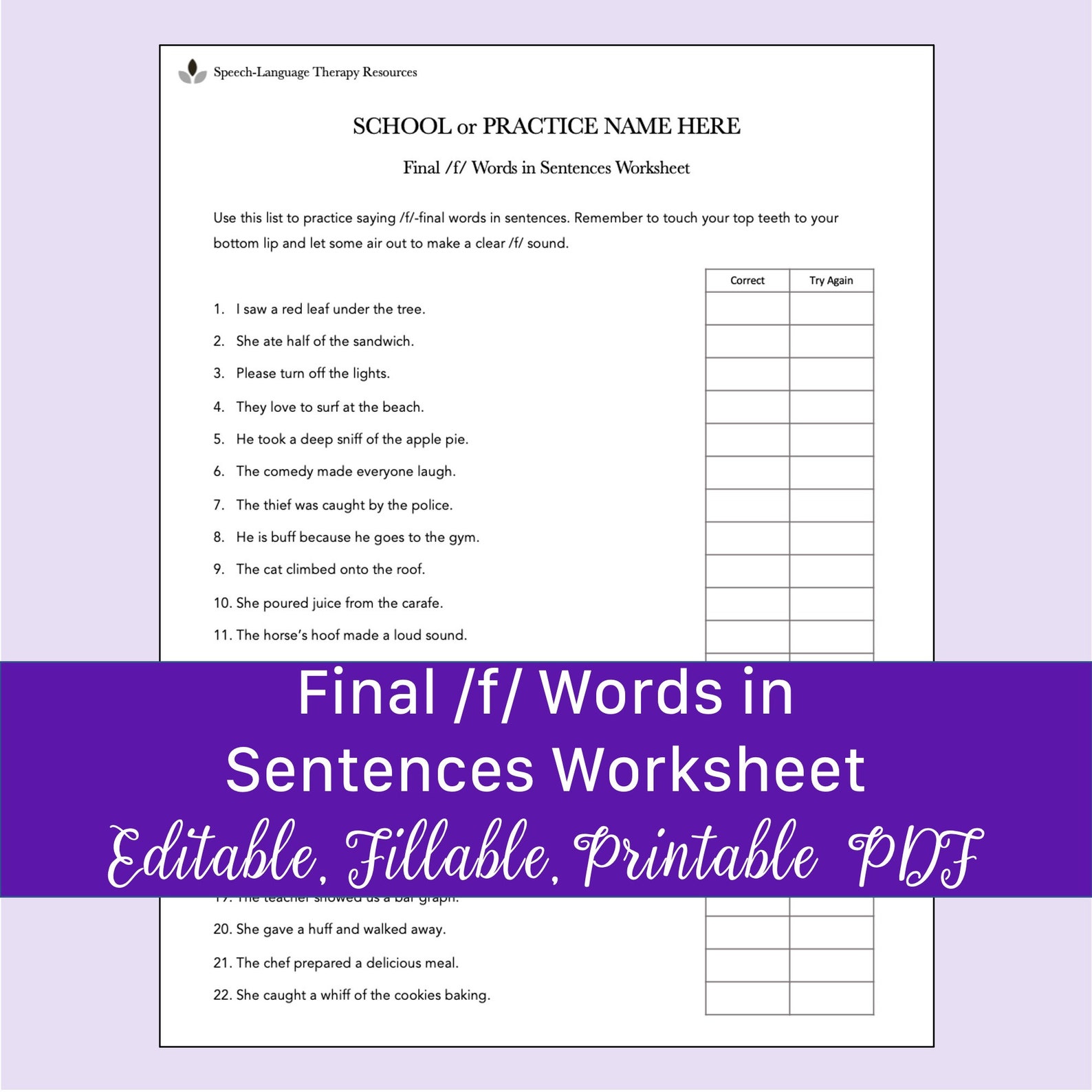 Final /f/ Words in Sentences Worksheet for Speech Therapy | Printable ...