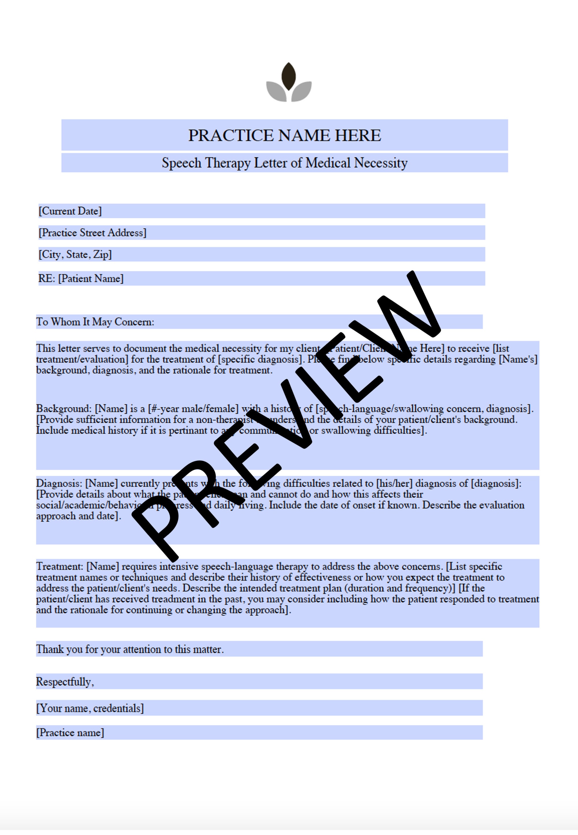 Letter of Medical Necessity for Speech Therapy Editable Fillable