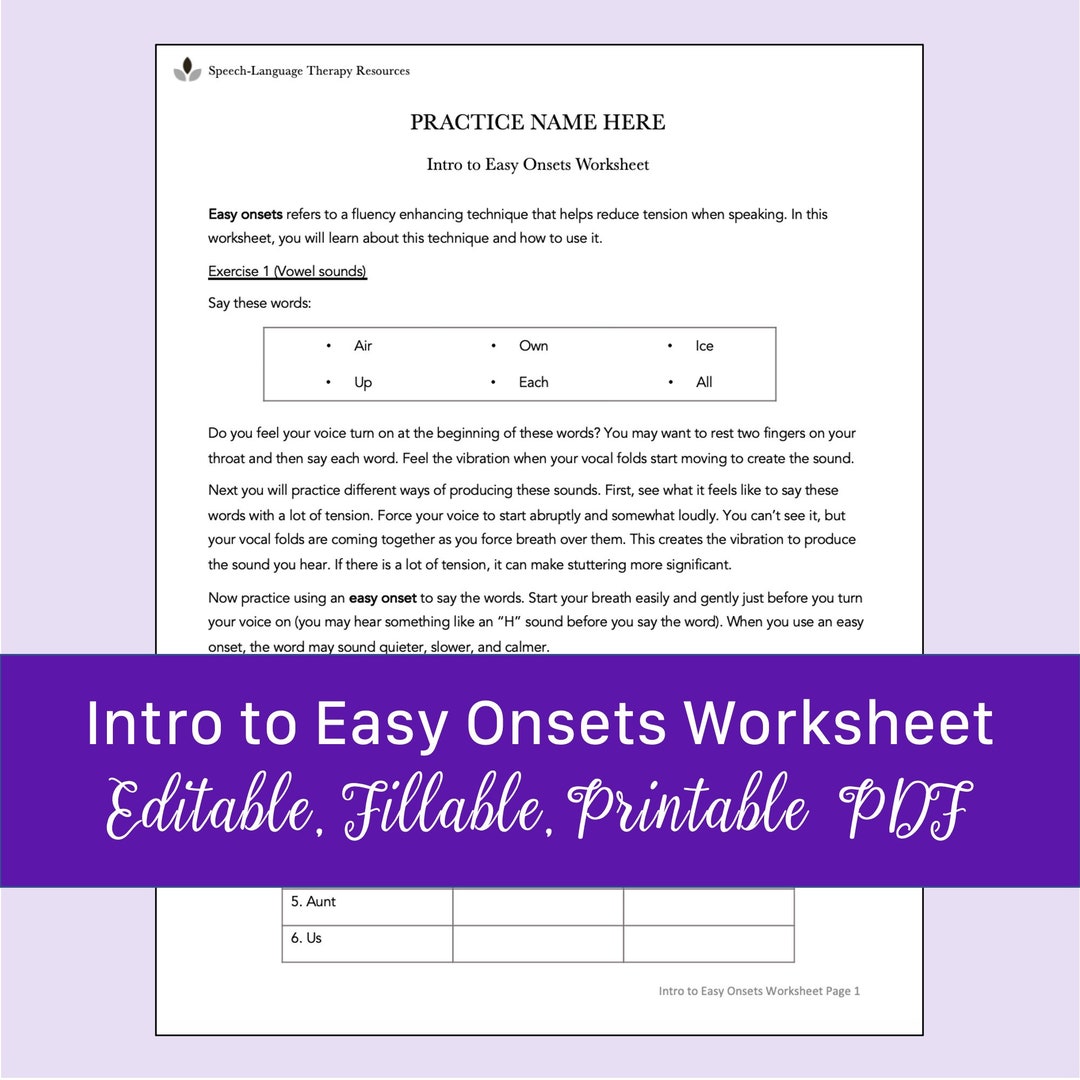 Intro to Easy Onsets Worksheet for Stuttering Speech Therapy Editable