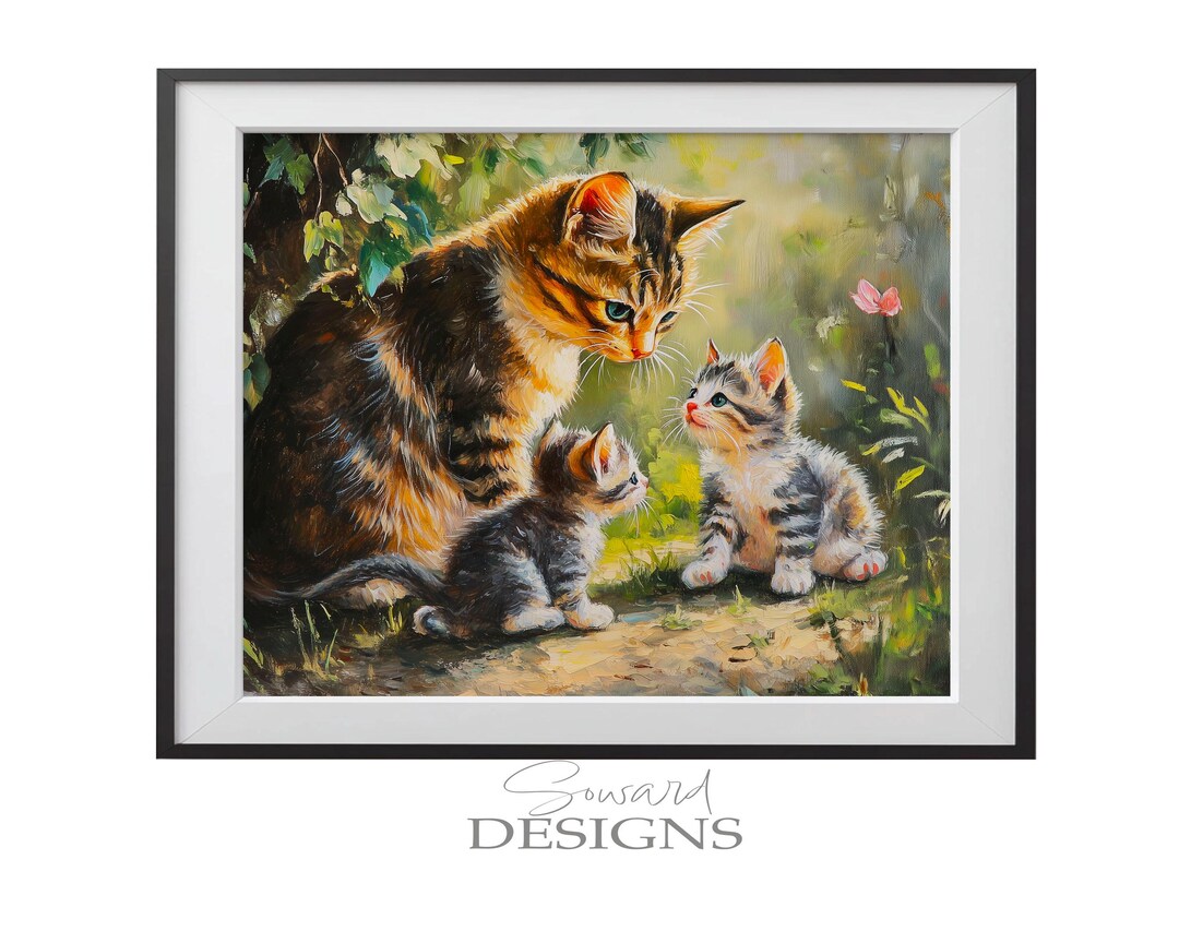 Mother Cat and Kittens Oil Painting Art Print (instant Download) - Etsy