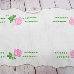 vintage embroidered floral table runner, rectangle scarf linen, pink roses image 5