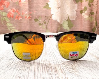 Clubmaster Sunglasses: Black & Silver Frame, Yellow Mirror Lens, UV400