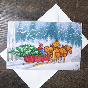 scena invernale cartolina di natale slitta trainata da cavalli albero di natale neve invernale biglietto di auguri inglese usa cancelleria vintage nos mamma/papà/amico