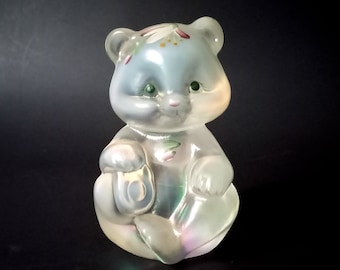 vintage fenton hand painted glass bear figurine sitting opalescent glass