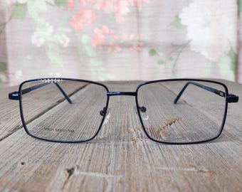Vintage vierkant brilmontuur: donker metallic blauwe unisex metalen bril (55-17-140)