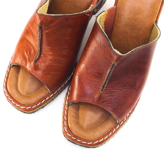 vintage open toe pumps women 6 | brown leather he… - image 5