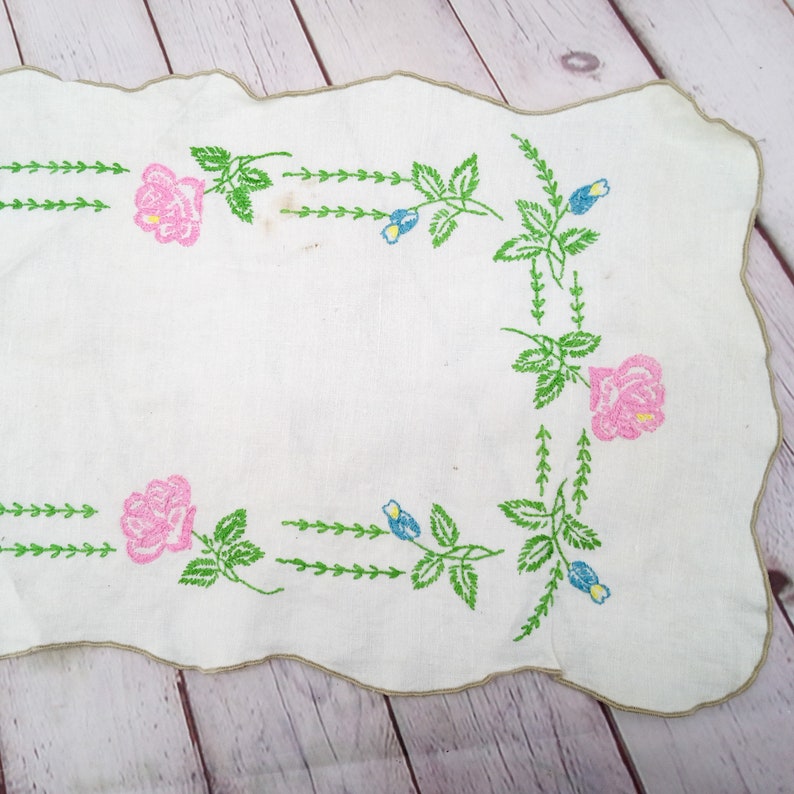 vintage embroidered floral table runner, rectangle scarf linen, pink roses image 1