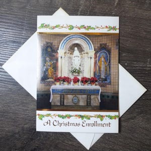luca 1:49 cartolina di natale madonna religione cattolica religiosa biglietto di auguri nos cancelleria vintage auguri stagionali madre maria chiesa rose
