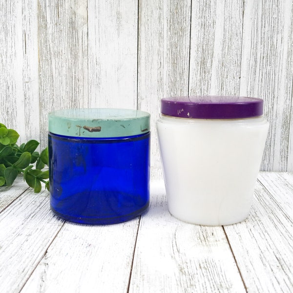 vintage glass jar with lid, cobalt blue glass jar, noxema jar, milk glass jar, cold cream jar