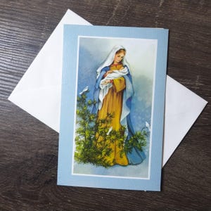tarjeta de navidad católica madre maría niño jesús religión tarjeta de felicitación religiosa juan 3:16 alegría de navidad alegría amor vintage nos azul madonna