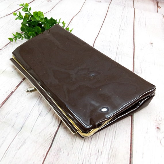vintage brown patent leather clutch purse with go… - image 2