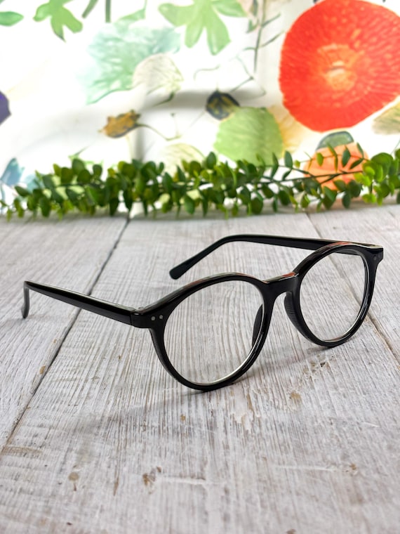 Round Prescription Eyeglasses: Black Plastic, Clear Lens Glasses