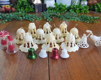 christmas bells ornaments collection lot collectible decorations holiday decor white bells cut-out aged retro accent tree decorations 16pc