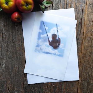 carte de voeux au revoir et bonne chance garçon sur une balançoire sky the limit lui/elle/hommes/femmes/ami/fille/fils/soeur/frère/collègue papeterie